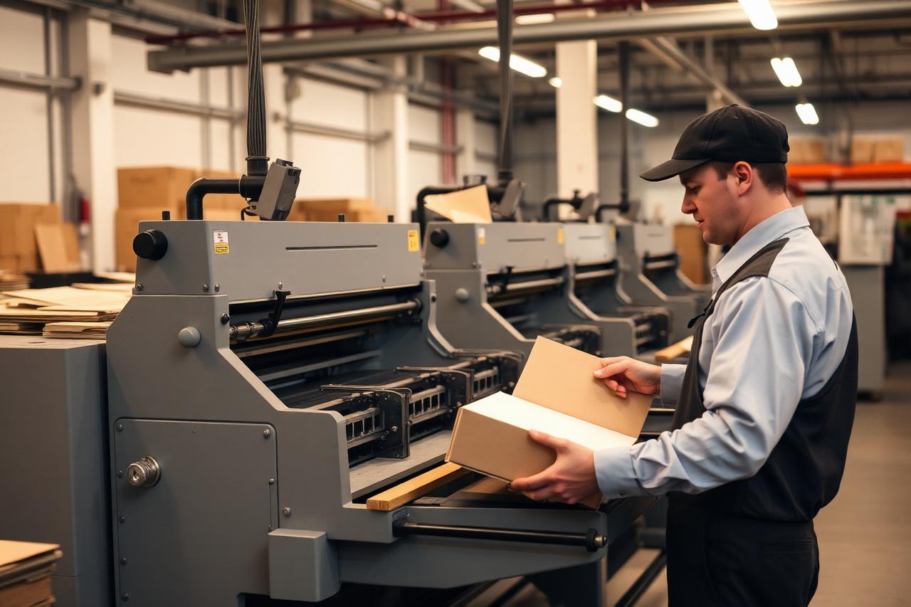 Operator handling die-cut custom carton blanks at a packaging machine